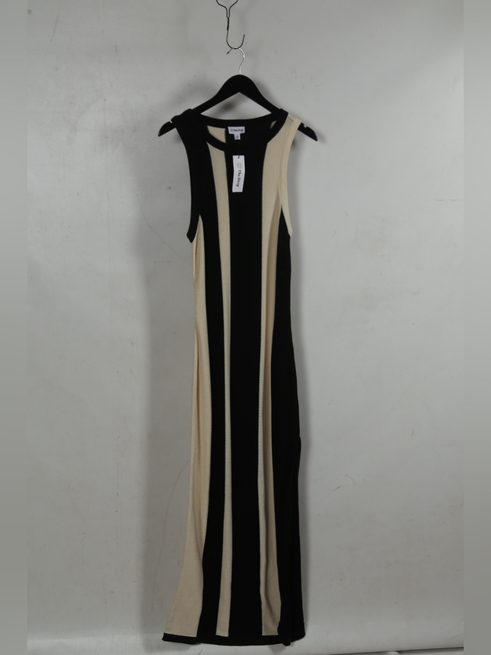 Sleeveless Black and Cream Vertical Stripe Maxi Dress by The Drop